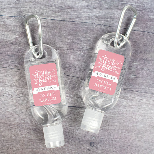 Personalized Baptism Hand Sanitizer with Carabiner Floral God Bless 1 fl. oz bottle