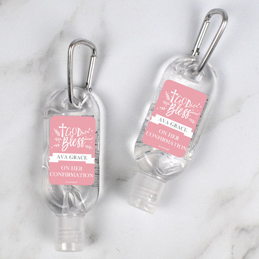 Personalized Confirmation Hand Sanitizer with Carabiner Floral God Bless 1 fl. oz bottle