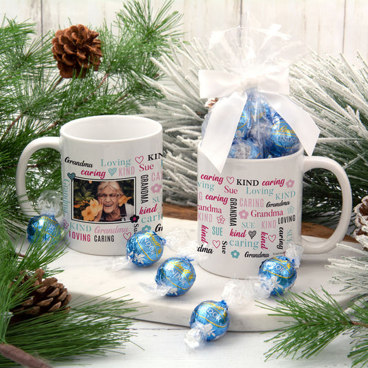 Personalized Word Cloud Family Member 11oz Mug with Lindt Truffles - Grandma